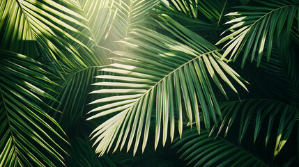 Tropical Green Palm Leaves, Natural Sunlight Background, Vibrant Botanical Backdrop, Eco-Friendly Design, Lush Jungle Foliage, Exotic Greenery