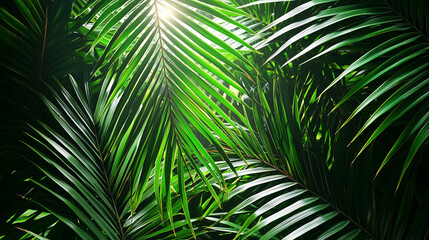 Tropical Green Palm Leaves, Natural Sunlight Background, Vibrant Botanical Backdrop, Eco-Friendly Design, Lush Jungle Foliage, Exotic Greenery