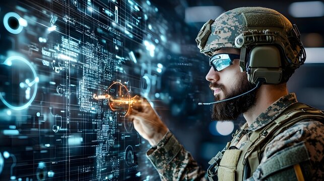Cyber warfare specialists utilizing advanced technology digital interfaces and hacking techniques to infiltrate and take control of enemy drone networks