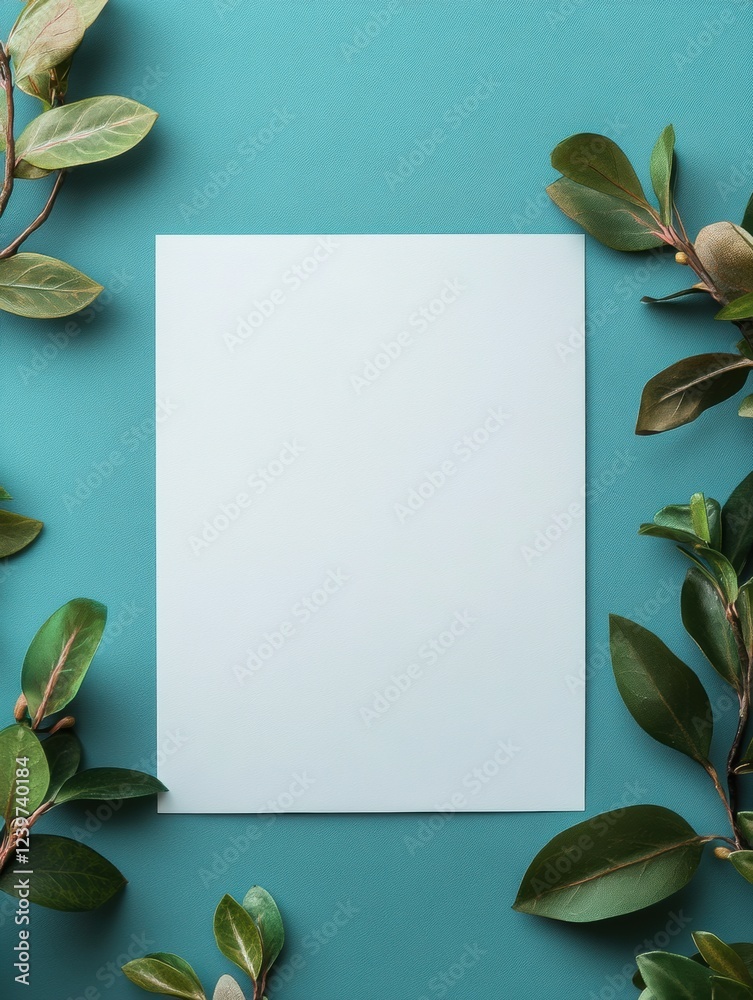 Poster Blank paper surrounded by green leaves on a turquoise background in a natural setting. Generative AI