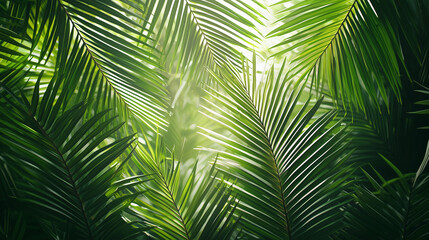Fototapeta premium Tropical Green Palm Leaves, Natural Sunlight Background, Vibrant Botanical Backdrop, Eco-Friendly Design, Lush Jungle Foliage, Exotic Greenery