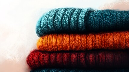 Softly lit stack warm autumn colored sweaters. AI Generated