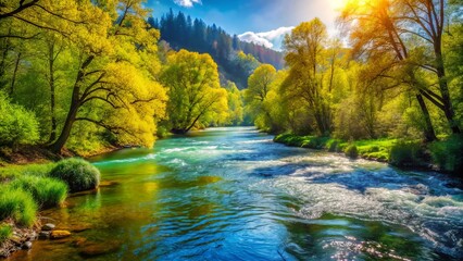 Vibrant Spring River: High-Res Stock Photo, Rule of Thirds Composition