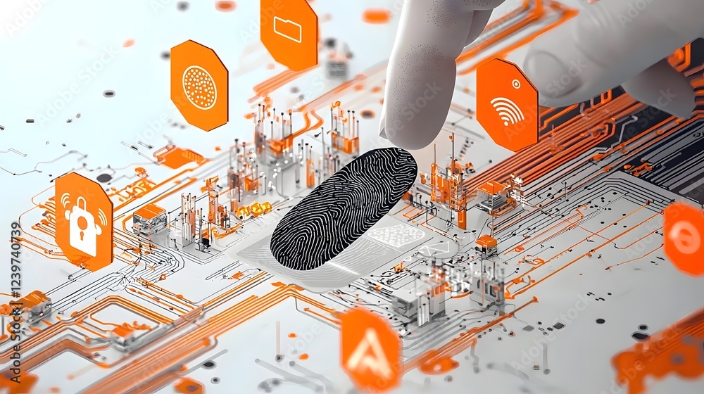 Leinwandbilder Digital fingerprint scanning process with futuristic icons for secure identity authentication and access control  Biometric technology machine learning and digital transformation concepts in a modern