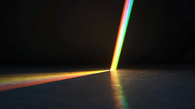 A stunning beam of rainbow light piercing through darkness, creating a colorful spectrum on the surface.