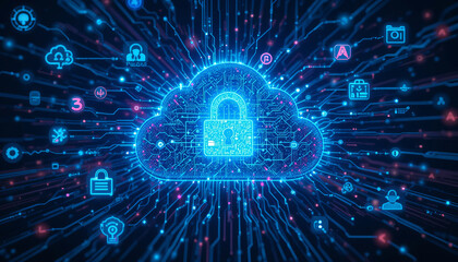 Cloud computing with digital lock symbolizing data security and protection
