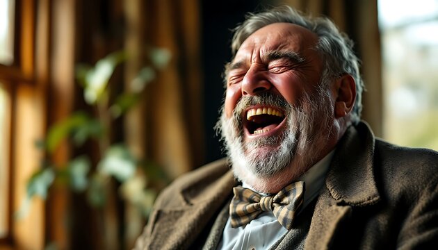 A candid shot of an older man laughing heartily, conveying joy and amusement- suitable for humor, lifestyle or personal blog posts or comedic content.