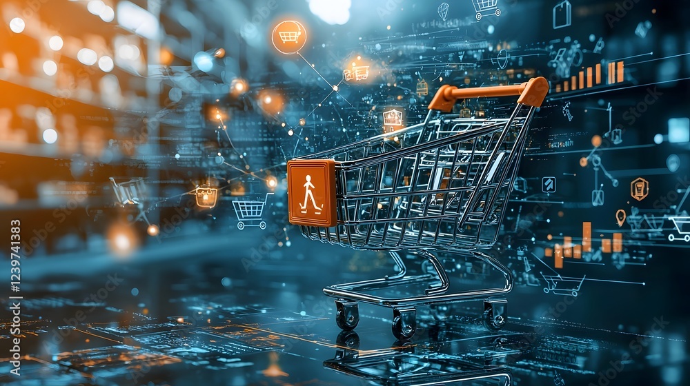 Fototapete Digital Shopping Cart Experience with Holographic Floating Interactive Rating System for Retail and E commerce Concepts