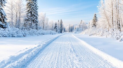Obraz premium Snowy forest trail, winter landscape, sunny day, cross-country skiing