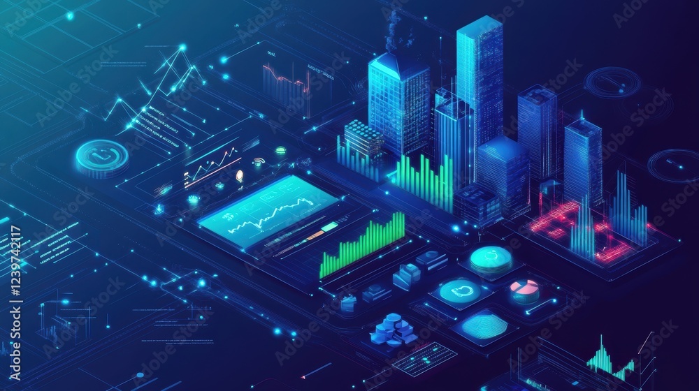 Poster visualizing innovative production within a futuristic smart city management system, monitoring metri