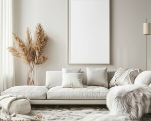 A minimalist living room with a white sofa. pampas grass. and a large empty frame mockup