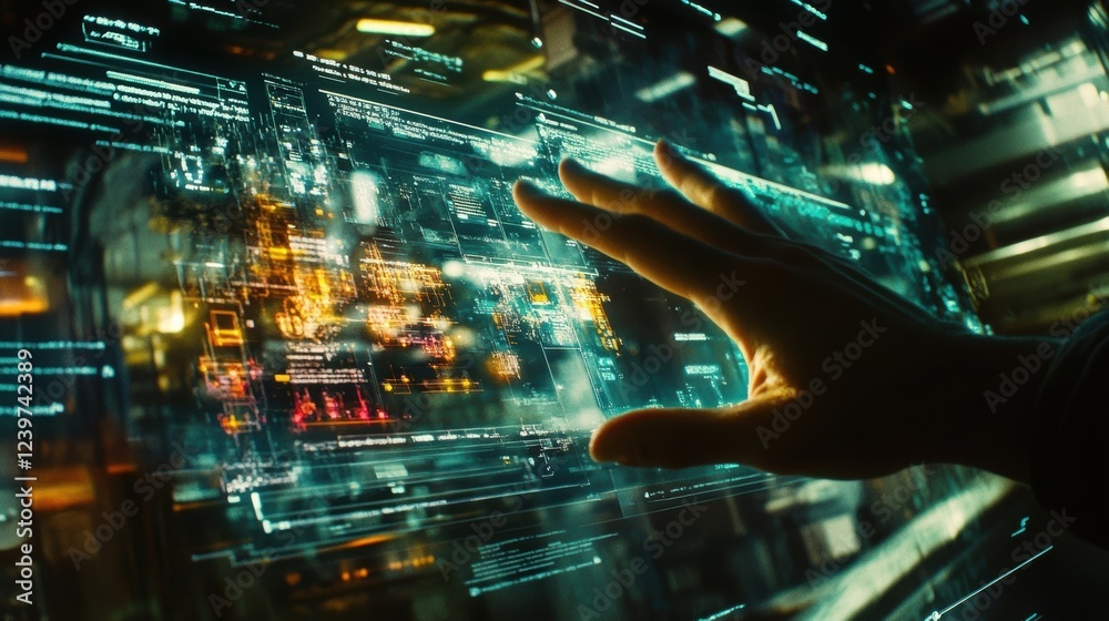 Poster engineer interacting with a futuristic transparent digital display, showcasing complex data visualiz