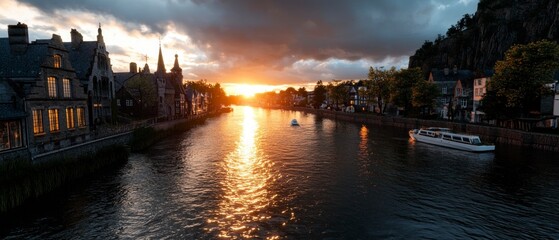 Fototapeta premium Golden Sunset over Tranquil European River Town with Boats