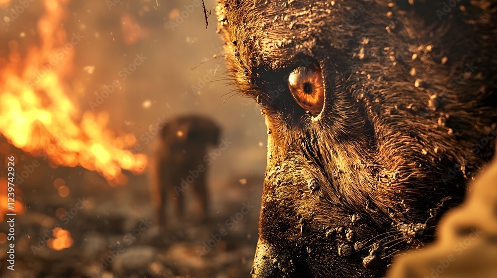 Poster dramatic wide angle shot capturing the intense reflection of a raging wildfire in the frightened eye