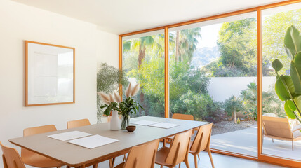 Fototapeta premium Mid-Century Modern Dining Room: A bright and airy dining room features a large window showcasing a lush garden, complemented by light wood furniture and minimalist decor.
