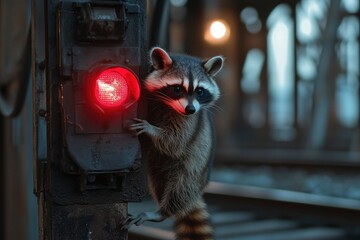 Raccoon near a red railroad signal light