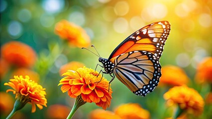 Obraz premium A delicate monarch butterfly, blurred in slow motion, floats through a sunlit marigold bokeh.