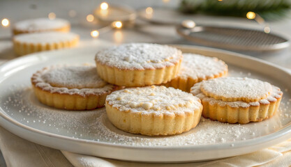 Powdered sugar tarts on festive white plate