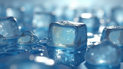 Melting ice cubes on a reflective surface with colorful city lights in the background	