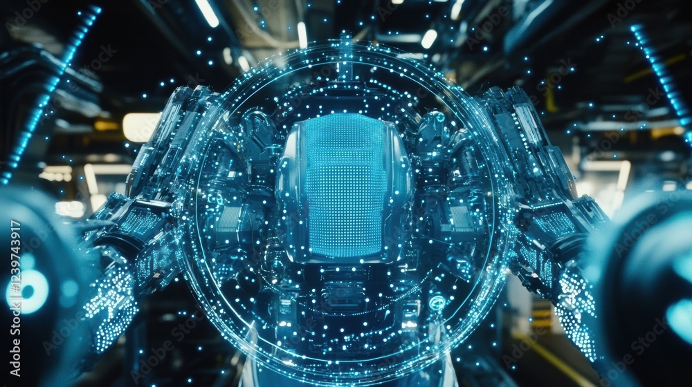 Poster complex robotic arms are assembling a futuristic machine in a technologically advanced factory envir