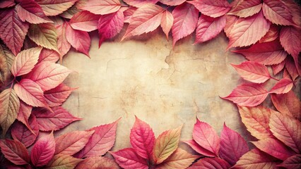 Obraz premium Aged photo effect with a pink leaf border; retro floral design, rustic autumn leaves.