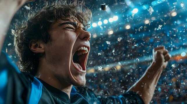 Enthusiastic sports fan expressing unbridled joy and after an exhilarating victory in a packed stadium setting showcasing the raw emotion and energy of fandom