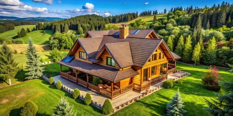 Obraz premium Aerial view of a charming rural home; its fine wooden exterior captured in stunning high-resolution detail.