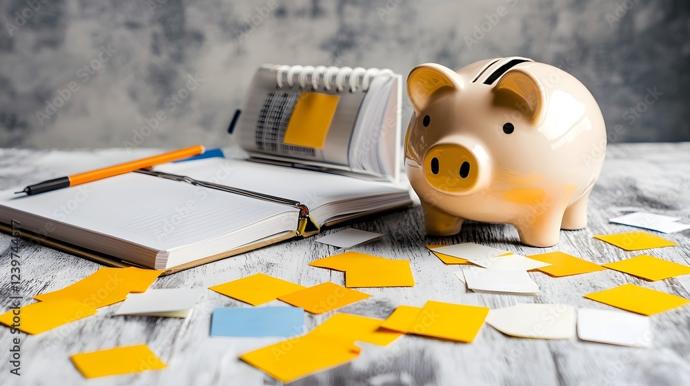 Poster Financial Goal Setting Concept with Sticky Notes Piggy Bank and Open Notebook on Desk  Planning Budgeting and Money Management for Business or Personal Growth and Success