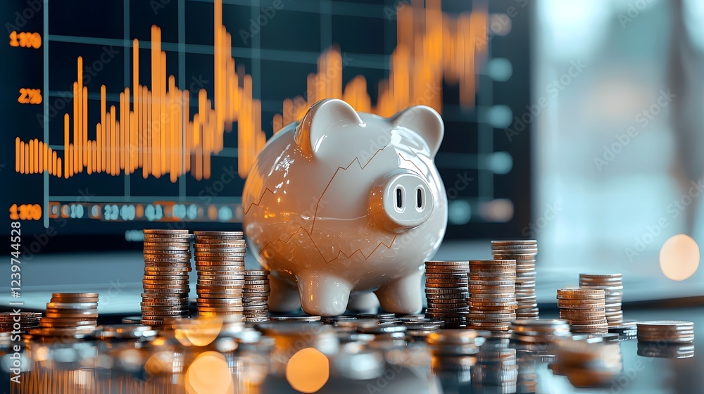 Poster Financial Success Concept with Piggy Bank Surrounded by Stacks of Coins and a Rising Graph on a Digital Screen Representing Growth Analytics and Wealth