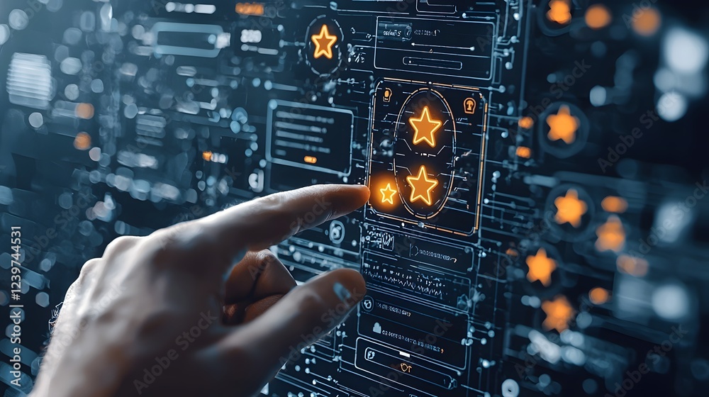 Poster Finger Interacting with Highest Rated Option in Futuristic Glowing Star Rating System Displayed on a High Tech Digital User Interface or Dashboard