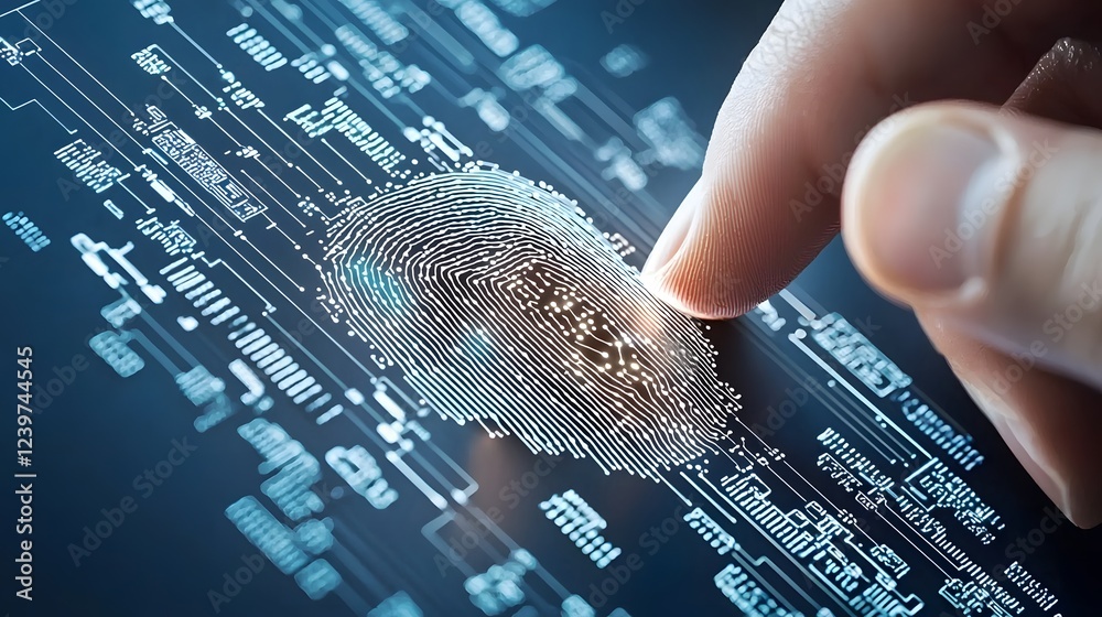 Poster Fingerprint biometrics technology used by fintech for analyzing customer data assessing financial risk and detecting potential fraud during KYC Know Your Customer processes