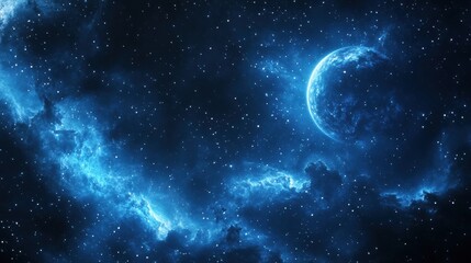 Stunning cosmic view of illuminated blue planet surrounded by vibrant nebula and stars in the night sky. Generative AI