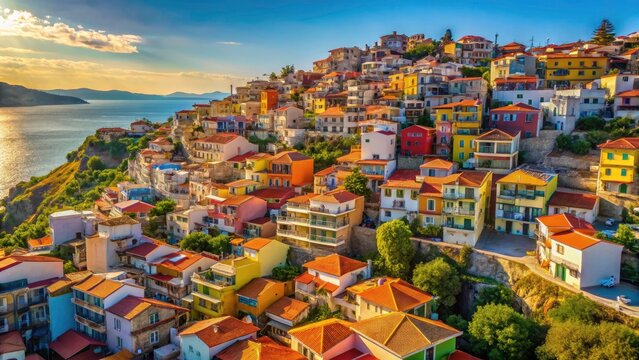 Aerial view of Kavala: Aegean charm unfolds in a picturesque old town, painted houses cascading down.