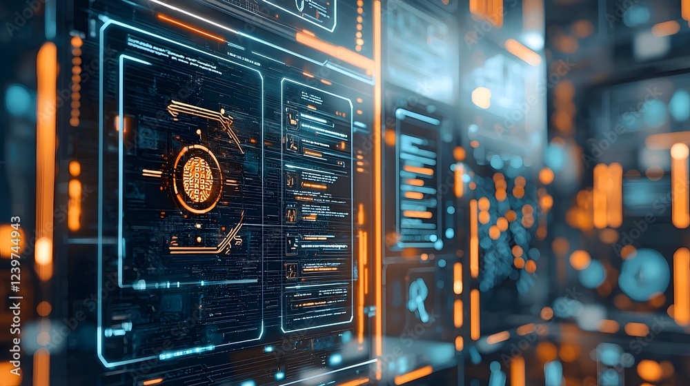 Fototapete Futuristic 3D rendered digital user interface with dynamic KYC identity authentication animations featuring biometric scanning data visualization and access control elements