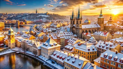 Obraz premium Aerial view of Prague's Old Town in winter; picturesque architecture and scenic European travel captured.