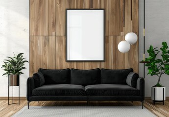 Modern living room interior with black sofa. wood wall. and blank frame
