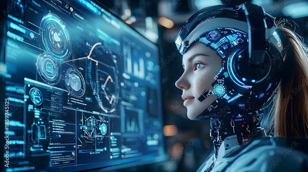 Fototapete futuristic ai powered customer support chatbot interface on large digital display with advanced anal