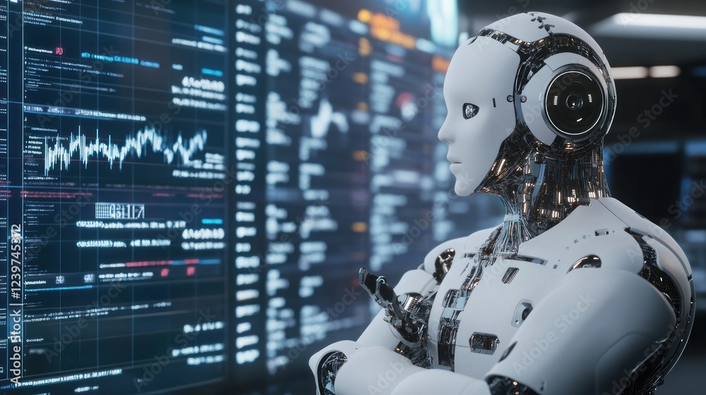Poster advanced ai robot analyzing complex data streams