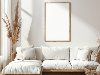 White couch with pillows and a large frame mockup in a minimalist living room with natural light