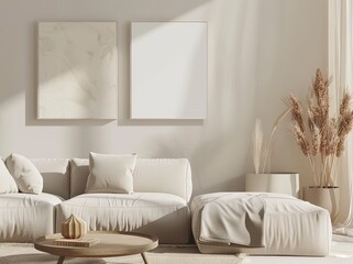 Naklejka premium Minimalist living room interior with beige sofa. coffee table. and two framed canvases on the wall