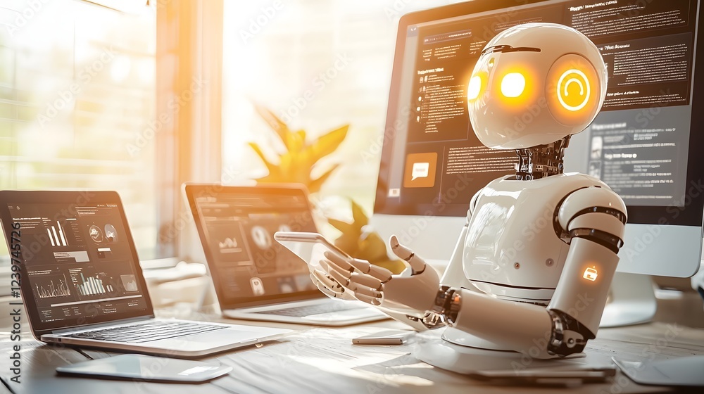 Aufkleber Futuristic and innovative workspace featuring a glowing chatbot user interface displayed across multiple digital devices such as laptops monitors and screens on a minimalist desk