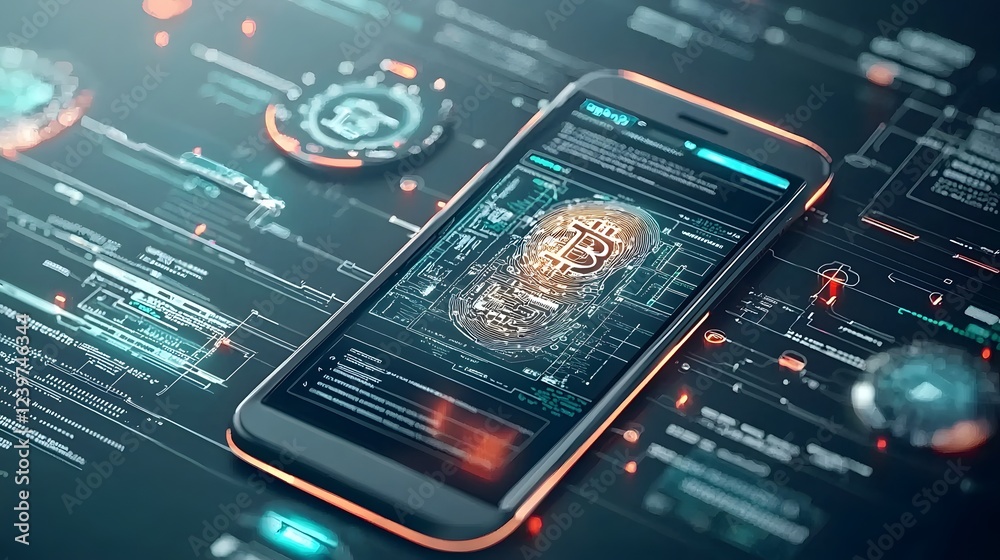 Poster Futuristic blockchain inspired mobile authentication system with biometric identification and security verification features for fintech and digital finance applications