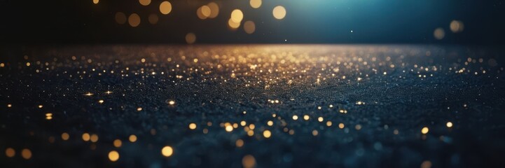 Dark blue gradient transitions to glowing bokeh lights, dreamy festive atmosphere.