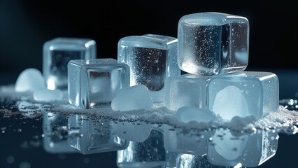 Pile of transparent ice cubes melting on a reflective surface with water droplets	