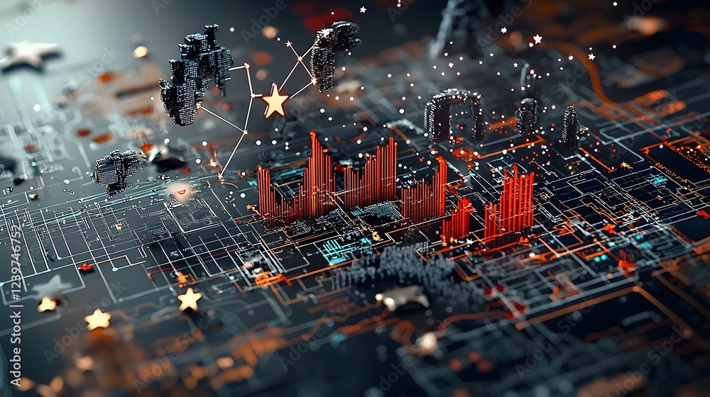 Aufkleber futuristic digital cityscape with floating graphs charts and sparkling stars in the night sky repres