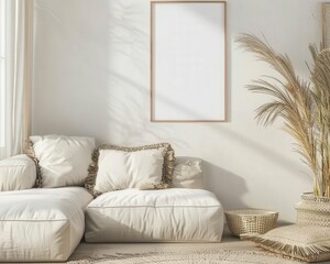 A cozy living room with a white sofa. a framed picture. and a plant in a basket
