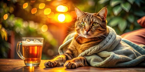 A feline connoisseur, whiskers twitching, enjoys a pint.