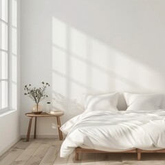 Minimalist bedroom interior with a white bed. wooden floor. and large window letting in natural light