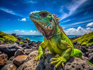 Iguana Sunbathing on Volcanic Rock - Dramatic Drone Aerial View