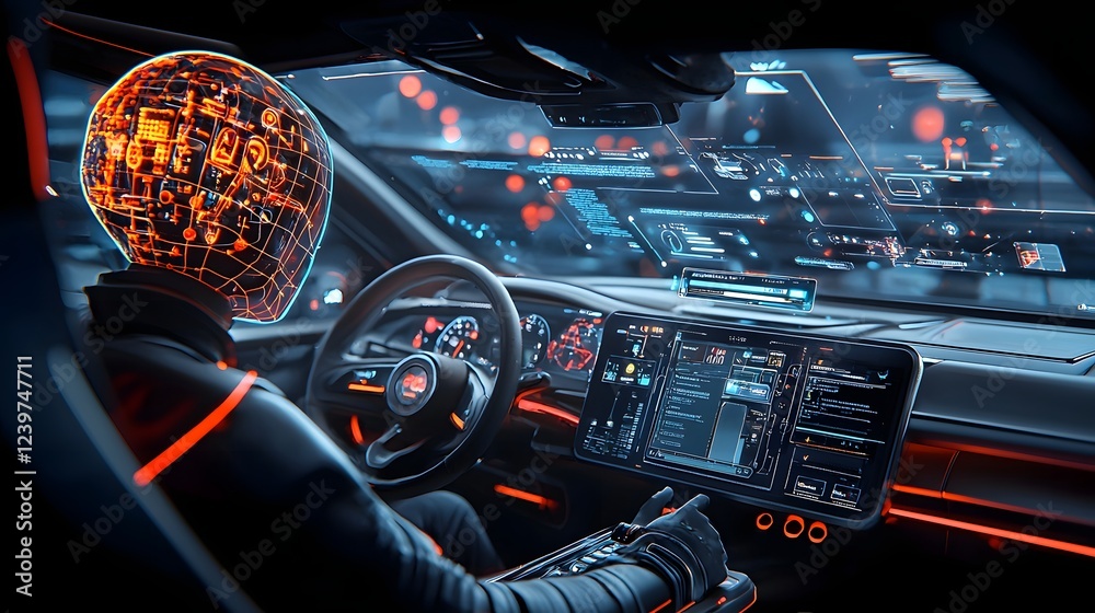 Leinwandbilder Futuristic holographic personal assistant displayed on a high tech dashboard helping to navigate a technologically advanced urban night scene with illuminated data and controls